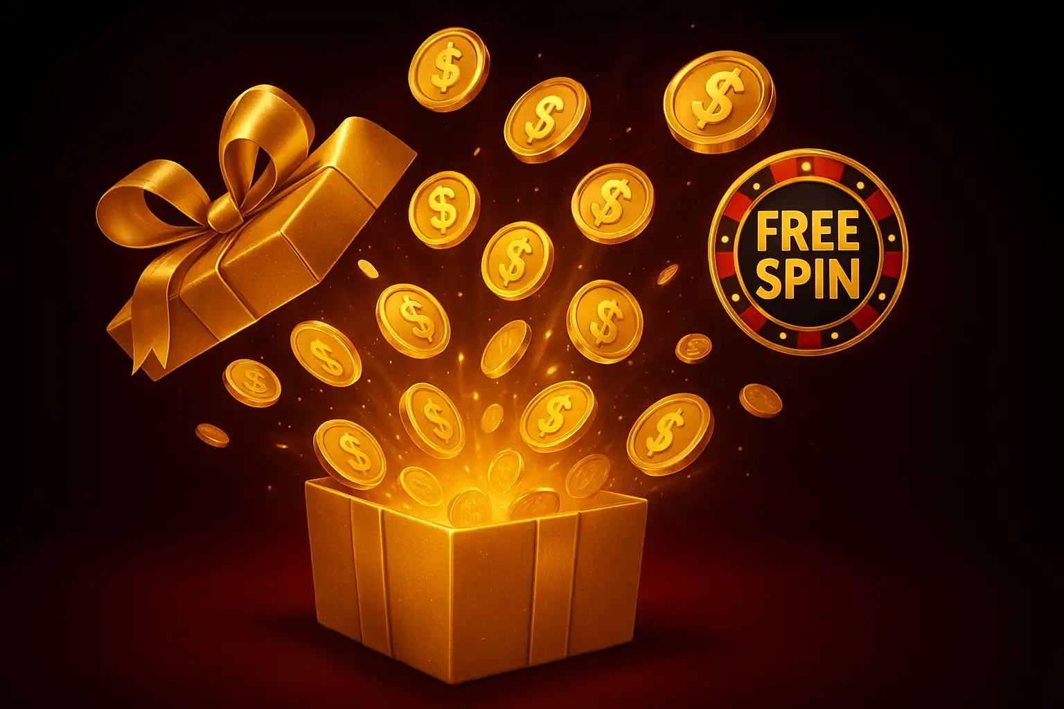 Golden bonus gift box exploding with coins and free spin symbols on a dark red casino banner