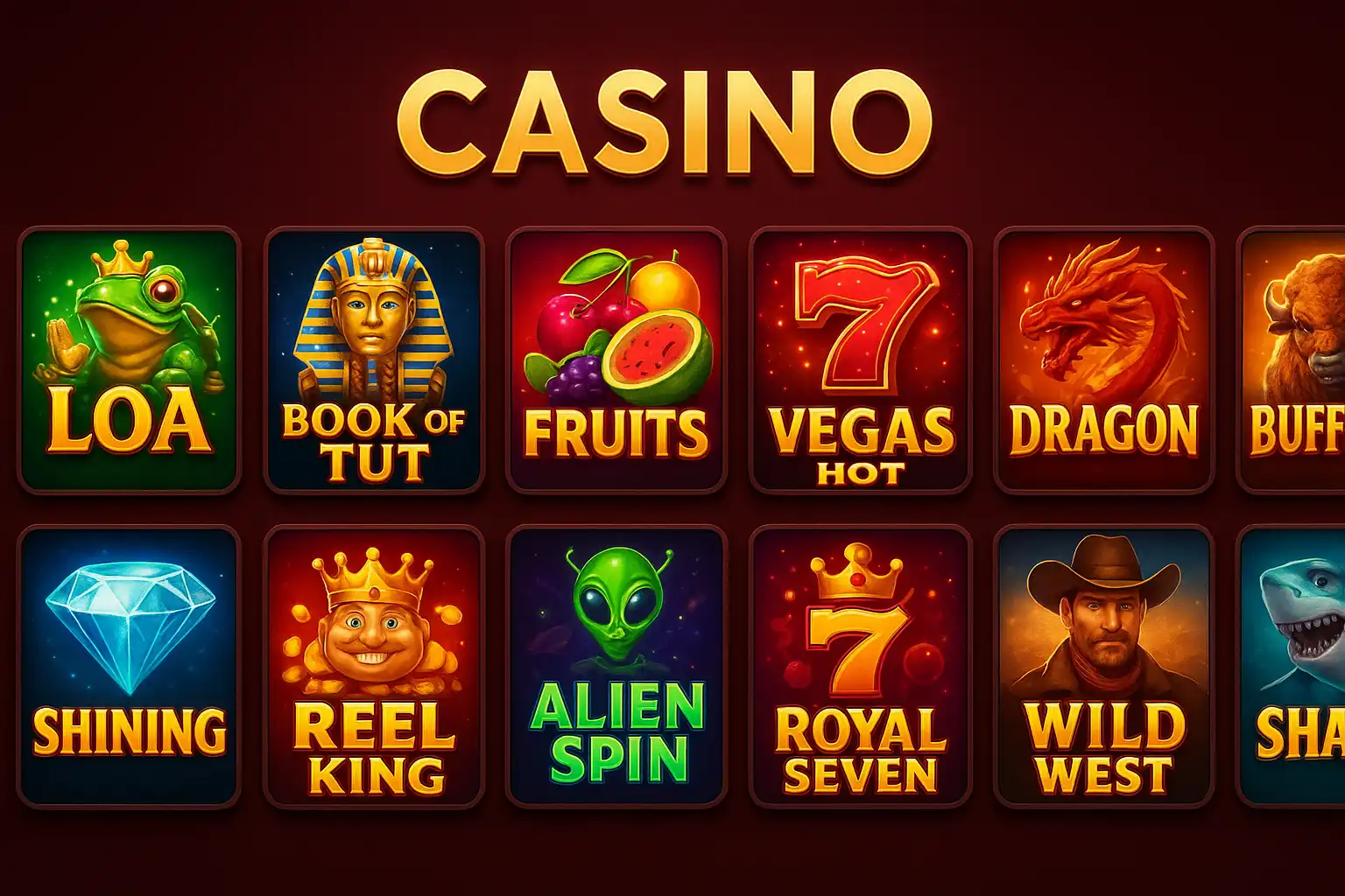 Rows of colorful online slot machine thumbnails glowing on a dark red casino lobby screen