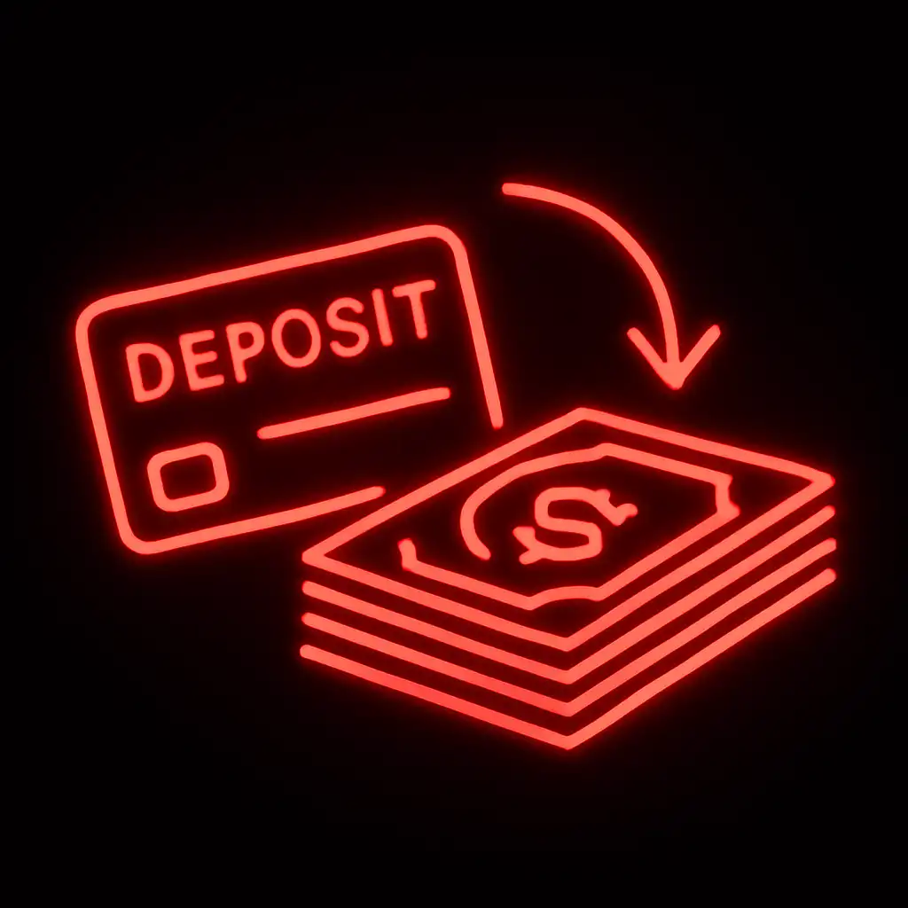 Illustration of a red glowing deposit card with stacked cash representing a casino deposit